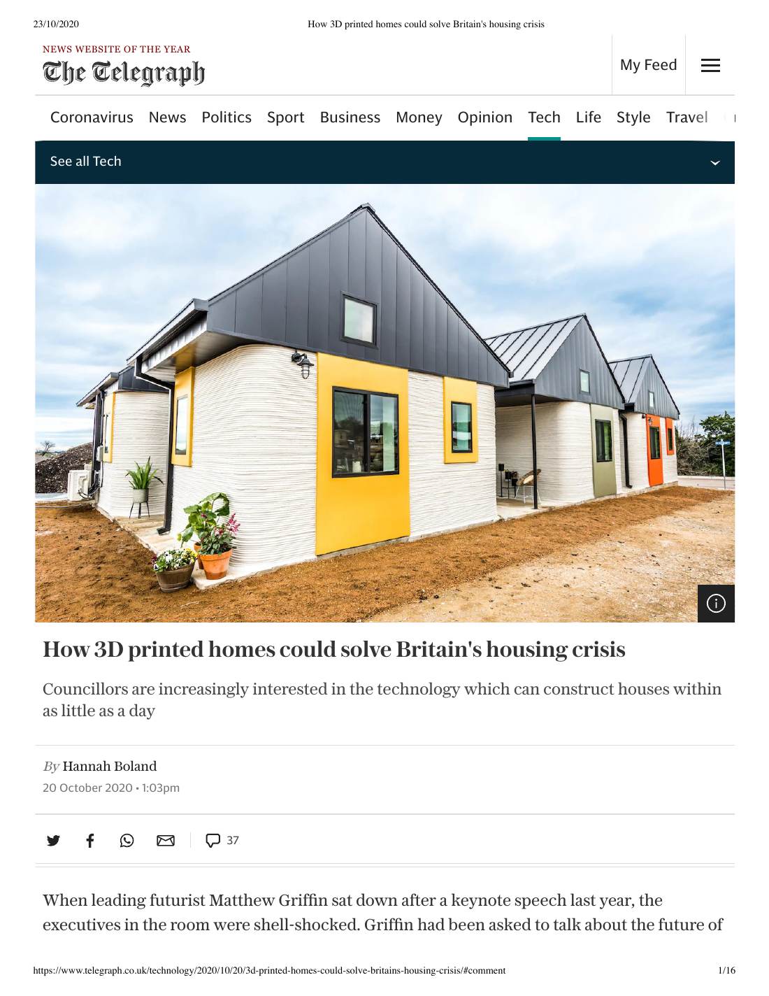 Page 1 of 8: Futurist in the press: How 3D printed homes could solve Britain's housing crisis, The Telegraph