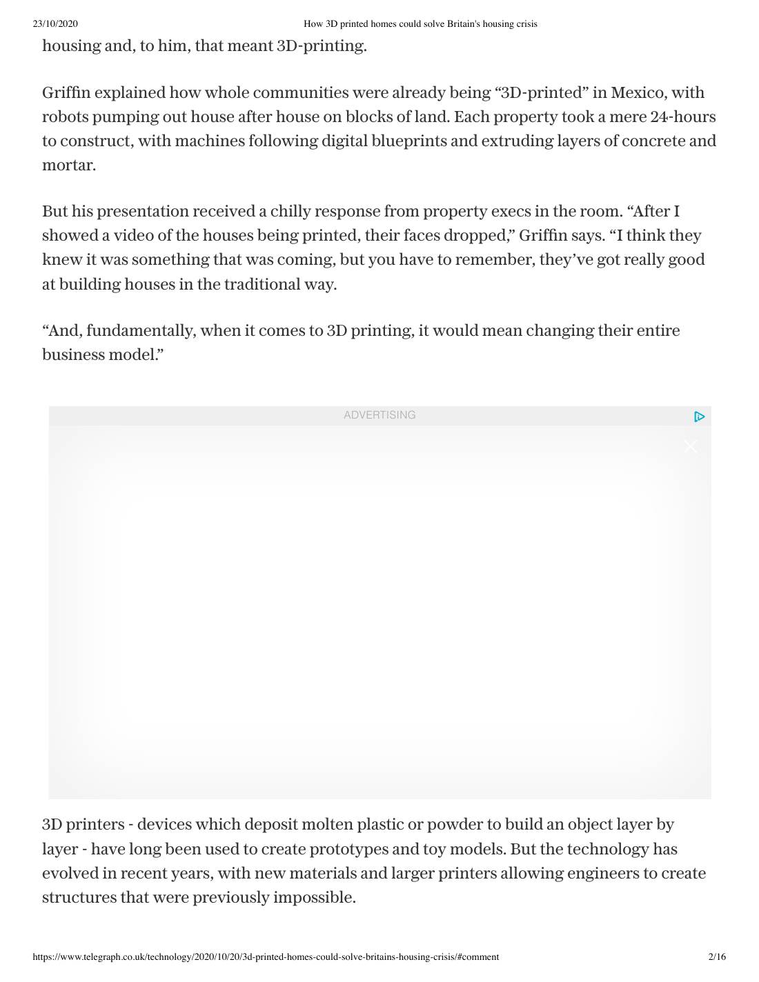 Page 2 of 8: Futurist in the press: How 3D printed homes could solve Britain's housing crisis, The Telegraph