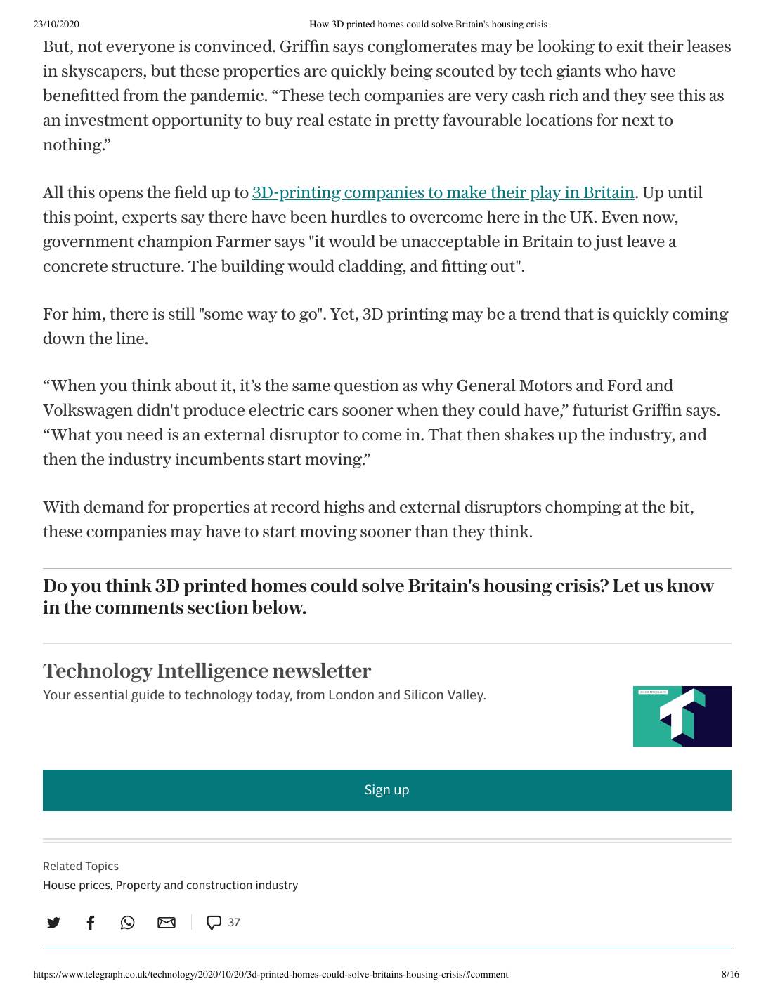Page 8 of 8: Futurist in the press: How 3D printed homes could solve Britain's housing crisis, The Telegraph